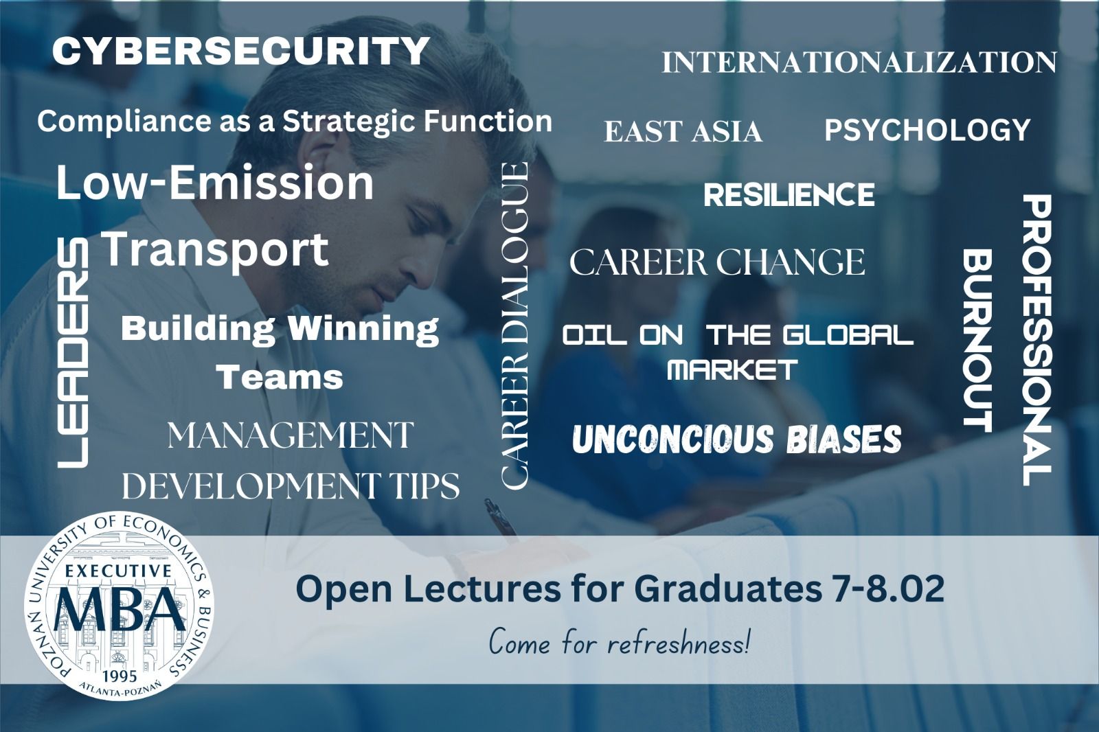 promotional graphic for Executive MBA open lectures on 7–8 February, featuring business topics such as cybersecurity, leadership, career change, internationalization, resilience, and professional burnout.