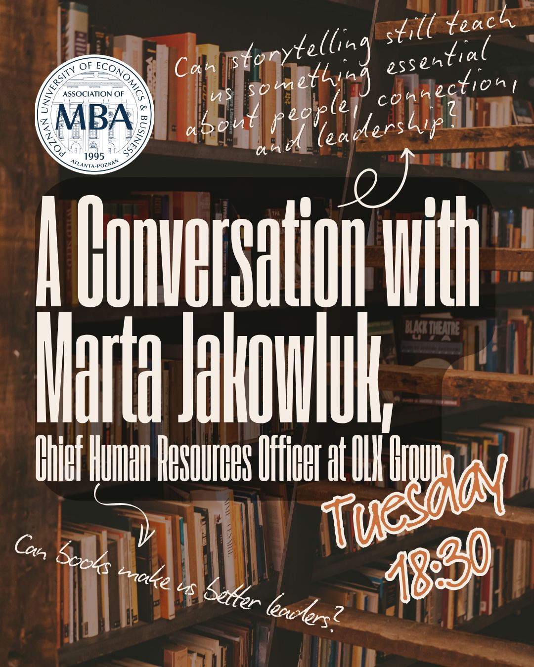 Event poster for a leadership conversation with a senior HR executive, featuring a library background and handwritten questions about storytelling, people, leadership, and learning from books. The event is scheduled for Tuesday at 6:30 p.m.