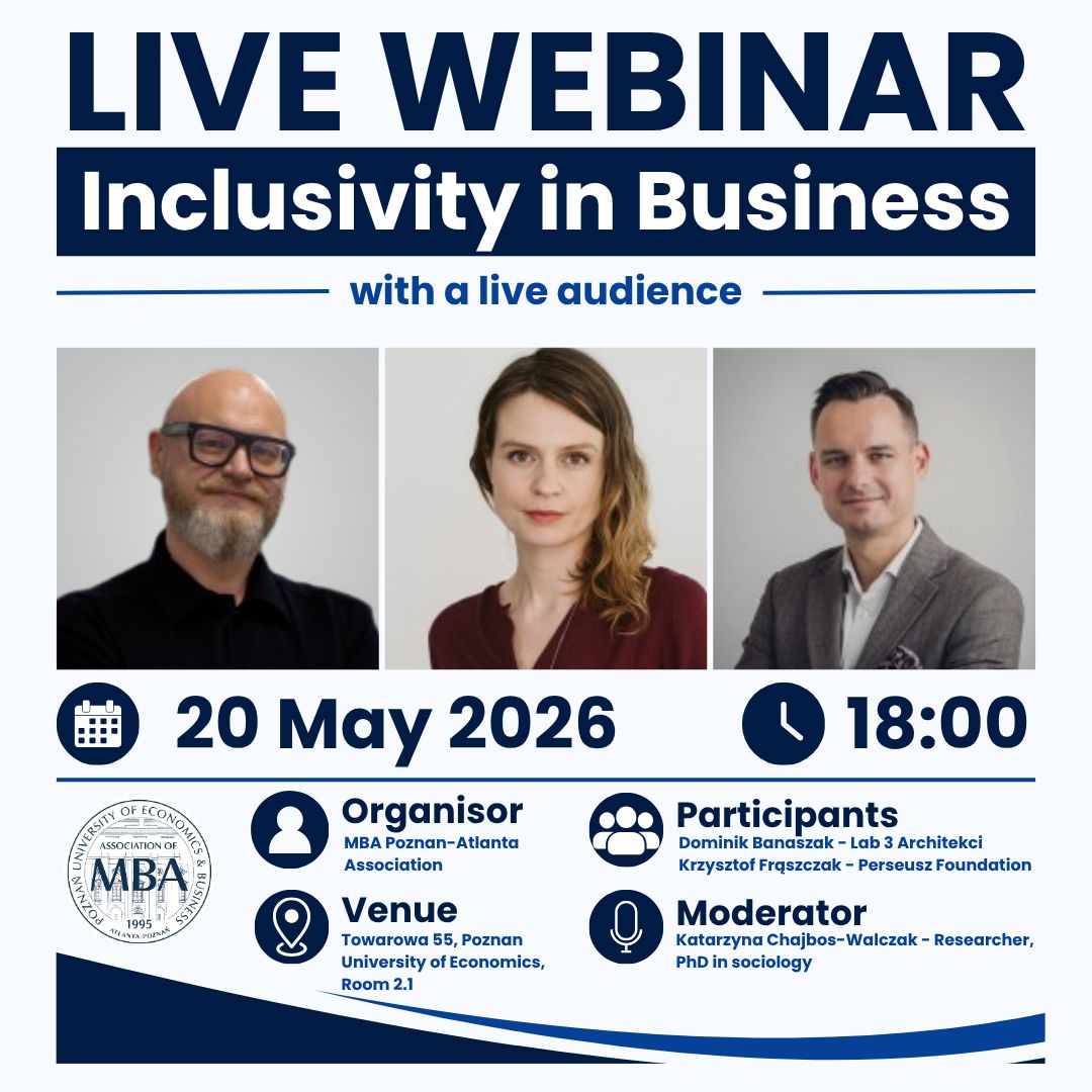 Promotional poster for the “Inclusivity in Business” live webinar with an audience, scheduled for 20 May 2026 at 6:00 p.m., featuring portraits of three participants and event details.